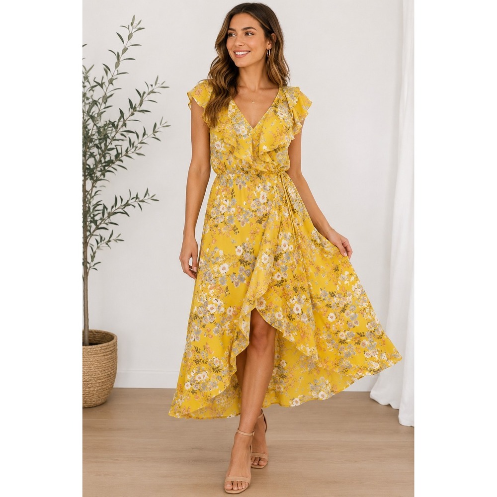 Socialite Yellow Floral Faux Wrap Midi Dress Women's Small Ruffle Boho Spring S